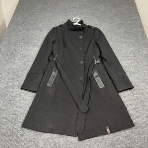 Rudsak Coat Womens S Black Wool Blend Leather Trim Belted Quilted Long Jacket